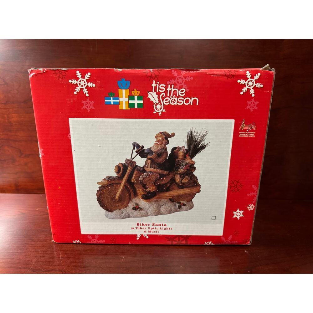 Vtg Fiber Optic Lights Biker Santa W/ Music Tis The Season Christmas Decor